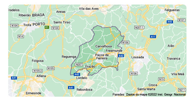 Mapa de Paços de Ferreira, no Vale Sousa, Distrito do Porto, Douro Litoral (Região Norte) &copy; Google Earth Pro